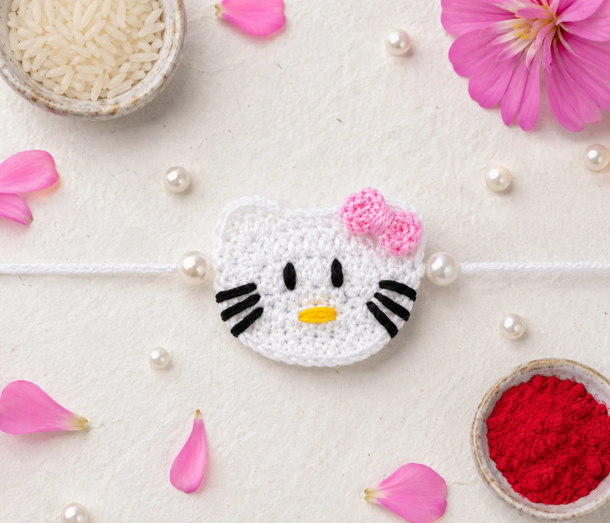 Cute Hello Kitty Inspired Handmade Kids Crochet Rakhi